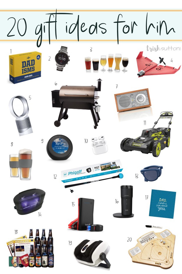 20 gifts for guys on white background