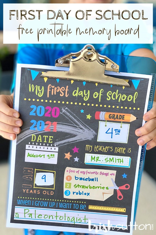 First Day of School Free Printable Memory Board attached to a blue clipboard.