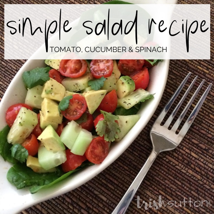 Enjoy this refreshing simple salad recipe is made with a few fresh ingredients. Avocado, tomato, cucumber, cilantro & spinach make up this flavorful dish.