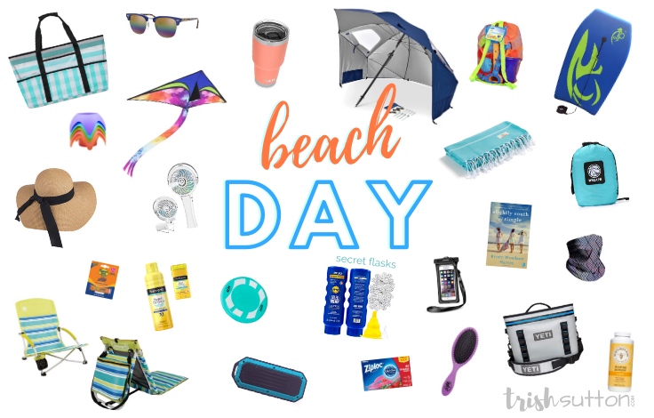 Collage of 25 beach day essential items.