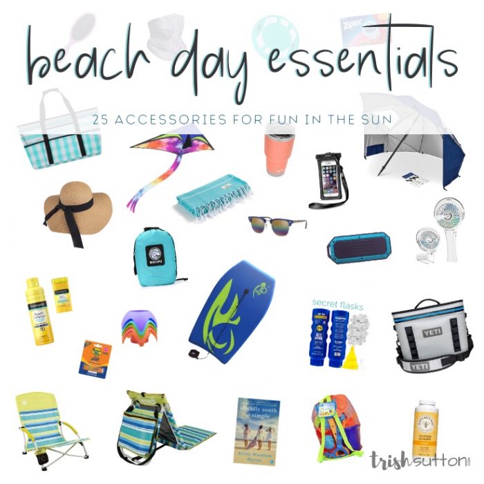 Collage of 25 beach day essential items.
