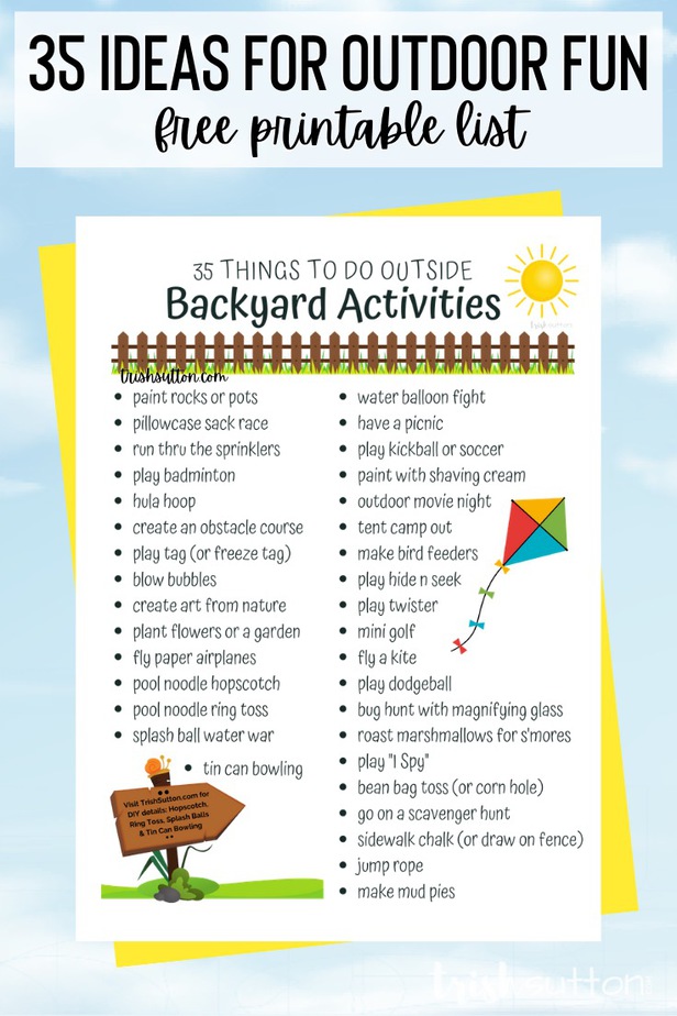 This list of Backyard Activities includes 35 things to do outside! Simply scroll through the list or grab the free printable.