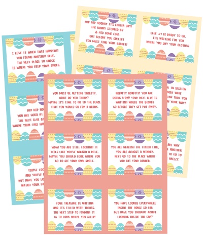 Free printable clue cards for an Easter Basket Scavenger Hunt.   TrishSutton.com